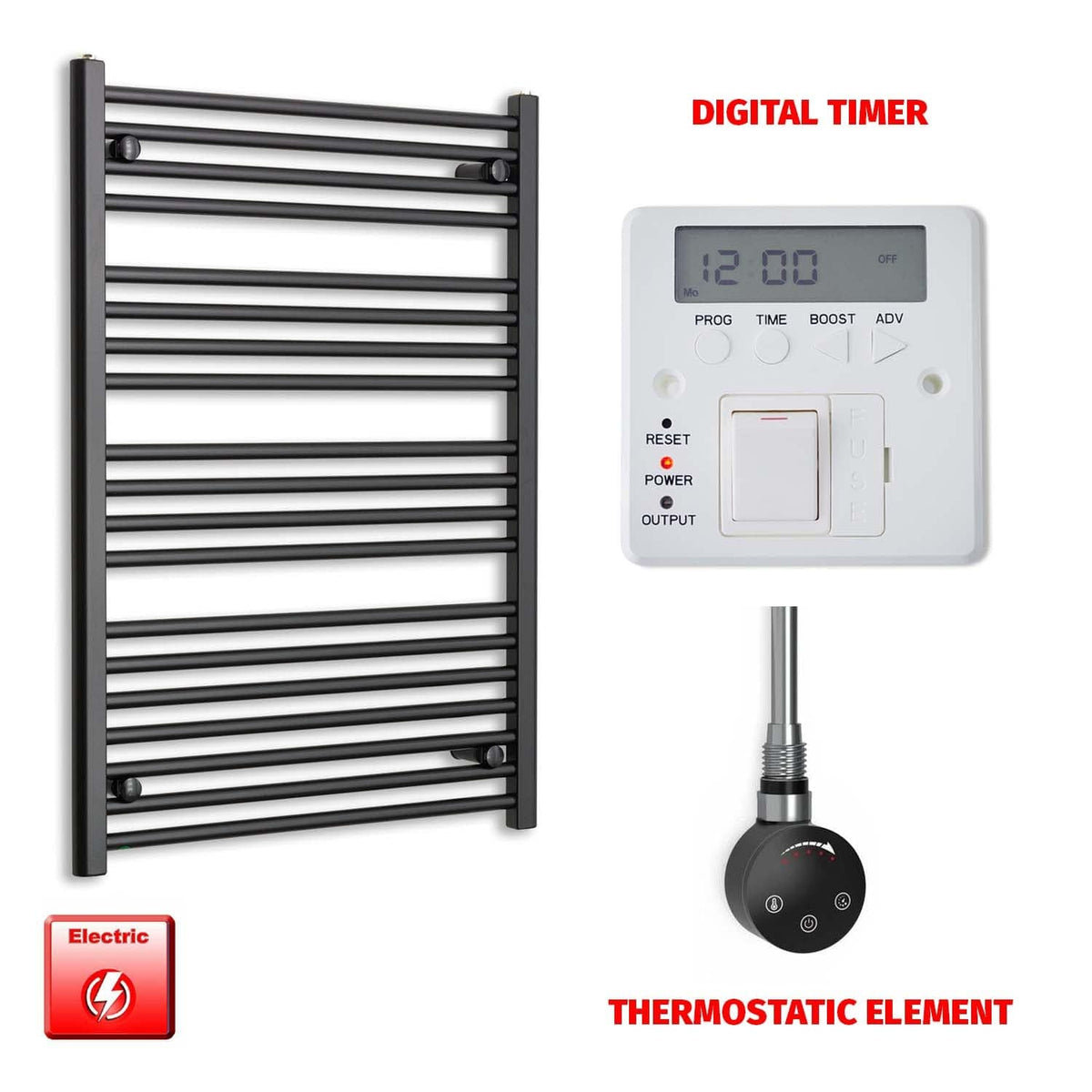 ER-Touch Thermostatic / Digital Timer 1000mm x 700mm Wide Flat Black Pre-Filled Electric Towel Radiator