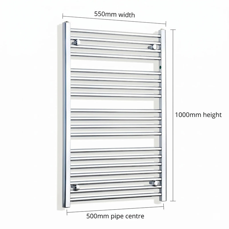 1000x550mm Heated Straight Towel Radiator Chrome - Elegant Radiators