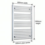 1000x600mm Heated Flat or Curved Towel Rail Radiator Chrome - Elegant Radiators