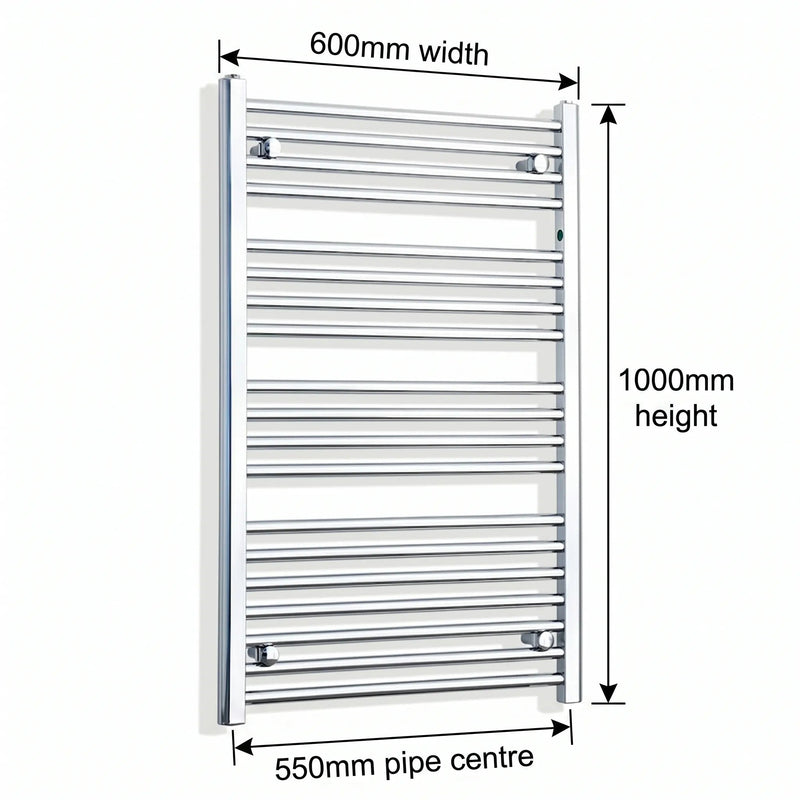 1000x600mm Heated Flat or Curved Towel Rail Radiator Chrome - Elegant Radiators