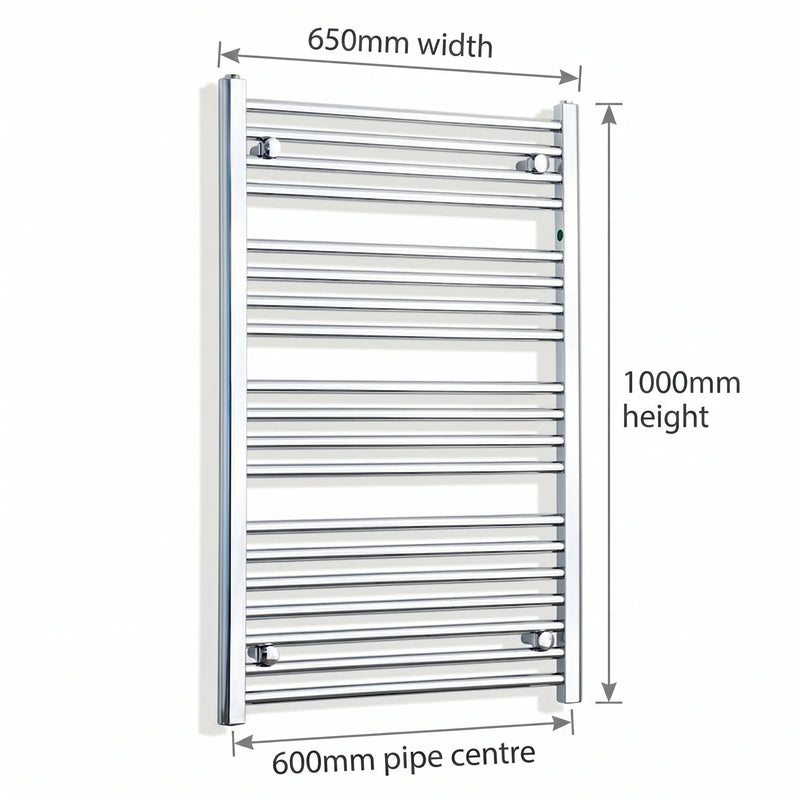 1000x650mm Heated Straight Towel Radiator Chrome - Elegant Radiators