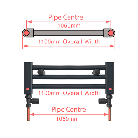 1100mm Wide Towel Rail Pipe Centre / Axis 1050mm diagram