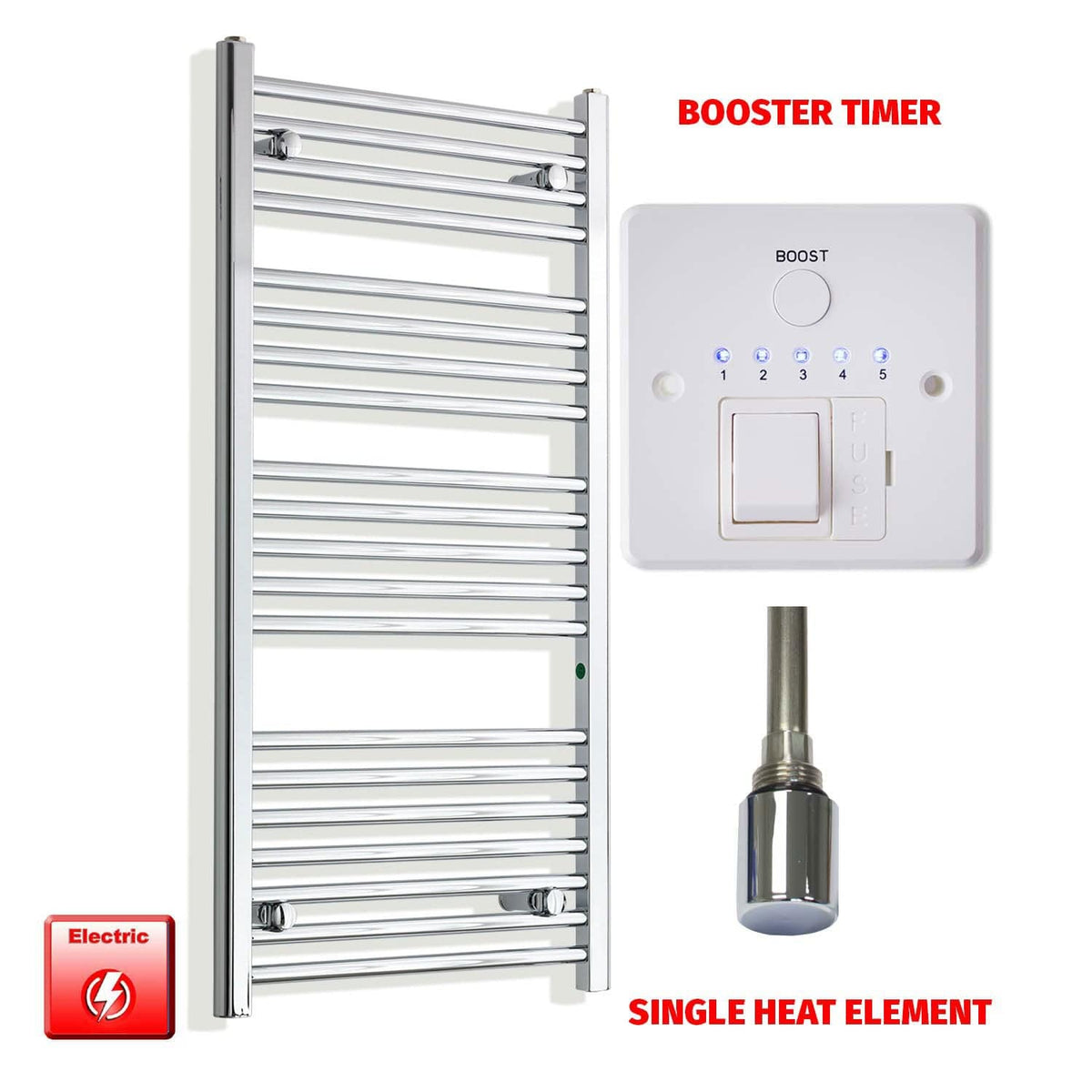 Single Heat / Booster Timer 1100 x 500 Pre-Filled Electric Heated Towel Radiator Chrome