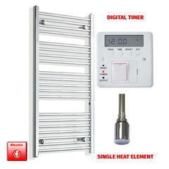 Single Heat / Digital Timer 1100 x 500 Pre-Filled Electric Heated Towel Radiator Chrome