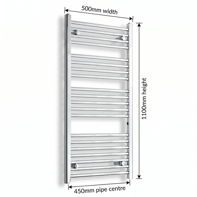 1100x500mm Heated Flat Towel Radiator Chrome Central Heating - Elegant Radiators