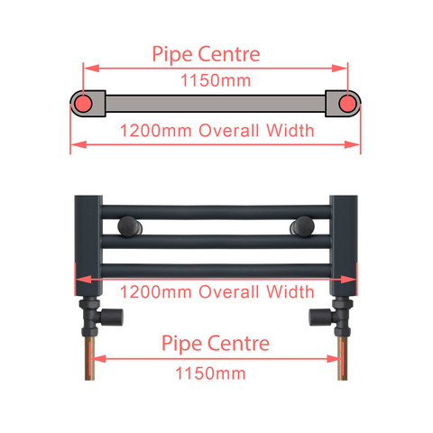 1200mm Wide Towel Rail Pipe Centre / Axis 1150mm diagram