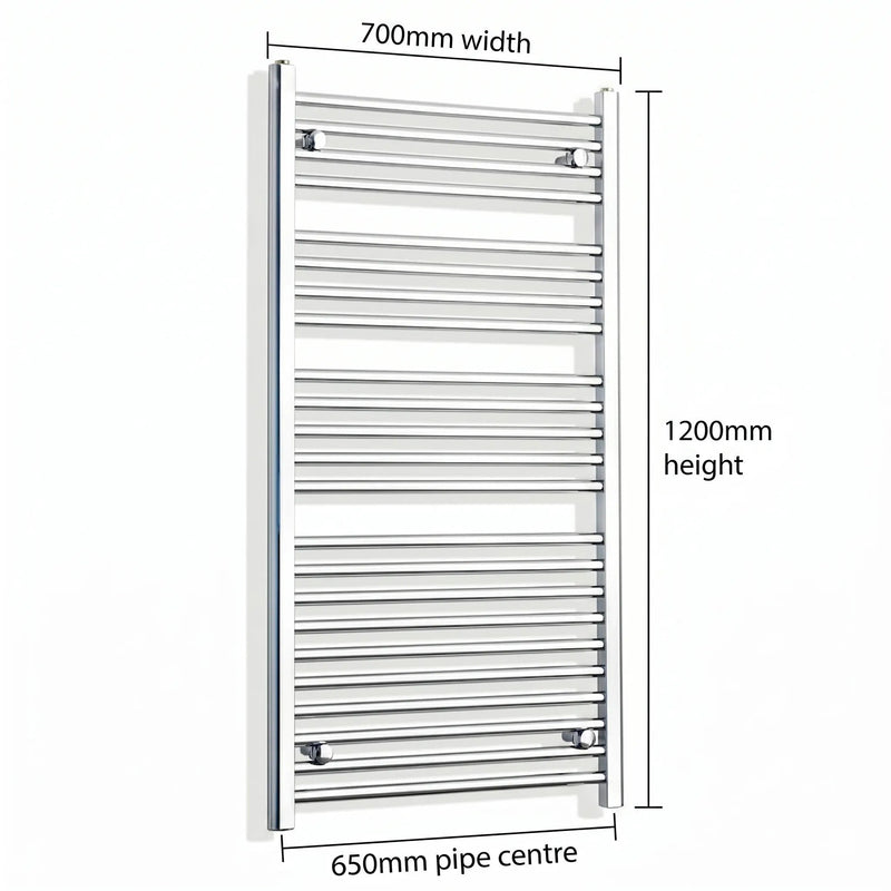 1200 mm High x 700 mm Wide Heated Curved Towel Rail Radiator Chrome - Elegant Radiators