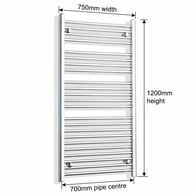 1200 mm High x 750 mm Wide Heated Straight Towel Rail Radiator Chrome - Elegant Radiators