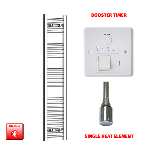 Single Heat / Booster Timer 1200 x 200 Pre-Filled Electric Heated Towel Radiator Straight Chrome