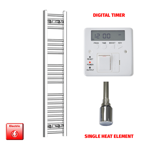 Single Heat / Digital Timer 1200 x 200 Pre-Filled Electric Heated Towel Radiator Straight Chrome