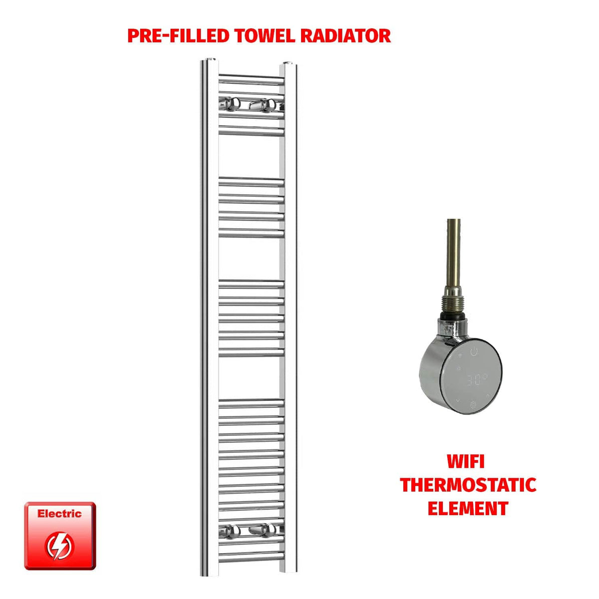 ER-Wifi Thermostatic / No Timer 1200 x 200 Pre-Filled Electric Heated Towel Radiator Straight Chrome