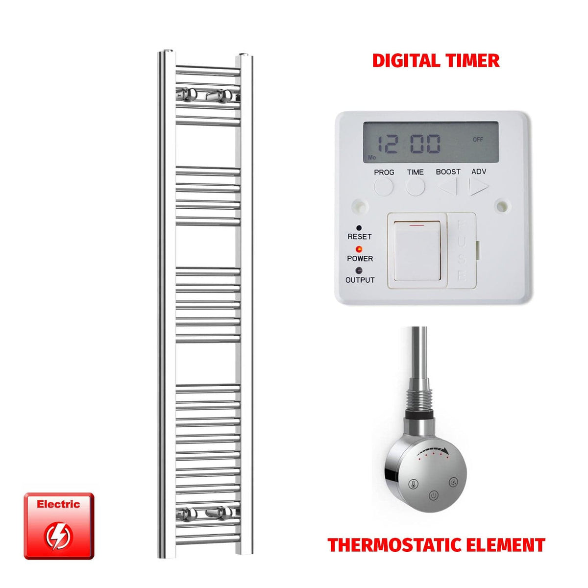 ER-Touch Thermostatic / Digital Timer 1200 x 250 Pre-Filled Electric Heated Chrome Towel Rail