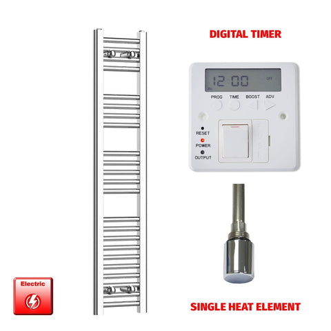 Single Heat / Digital Timer 1200 x 250 Pre-Filled Electric Heated Chrome Towel Rail