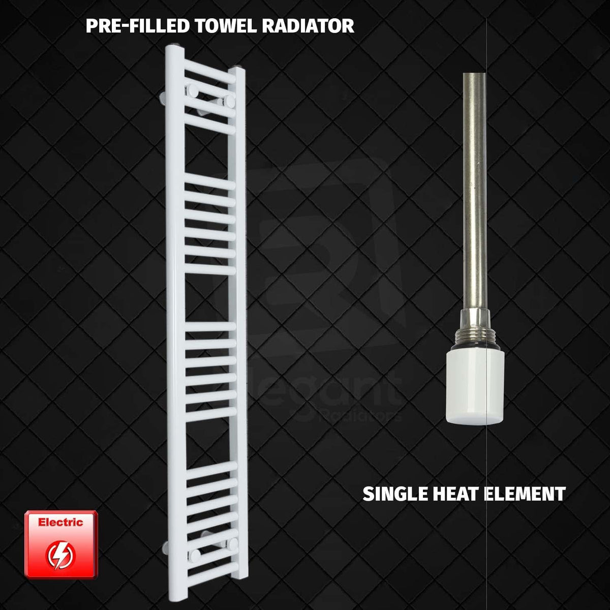 Single Heat / No Timer 1200 x 250 Pre-Filled Electric Heated Towel Radiator White HTR