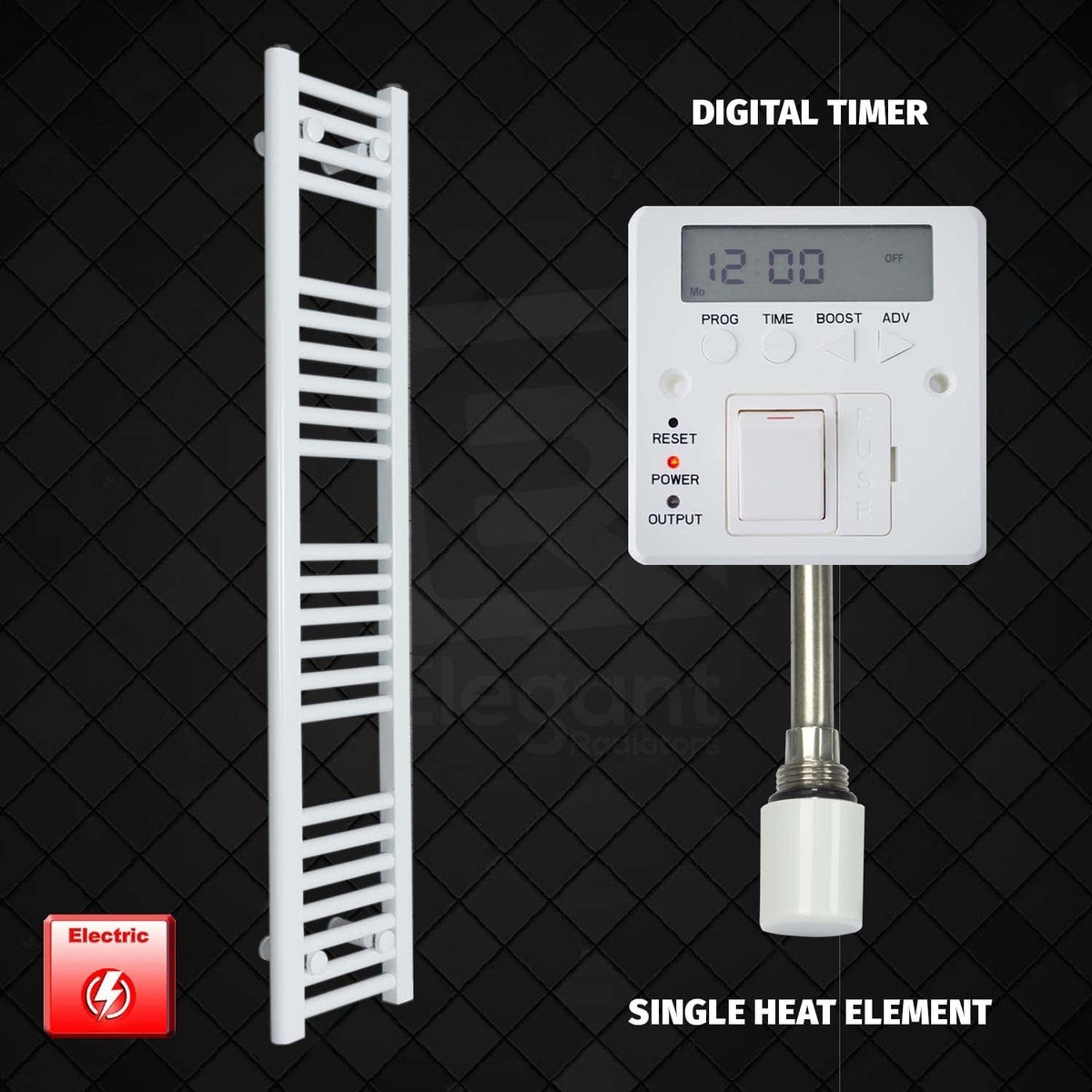 Single Heat / Digital Timer 1200 x 250 Pre-Filled Electric Heated Towel Radiator White HTR