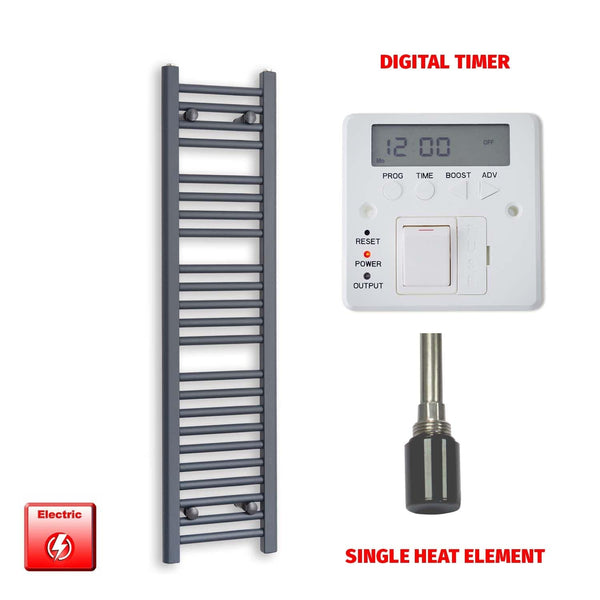 Single Heat / Digital Timer 1200 x 300 Flat Anthracite Pre-Filled Electric Heated Towel Rail HTR