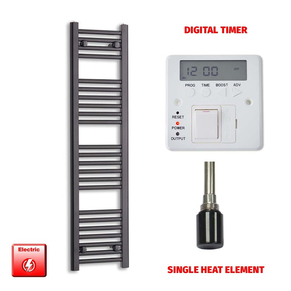 Single Heat / Digital Timer 1200 x 300 Flat Black Pre-Filled Electric Heated Towel Rail HTR