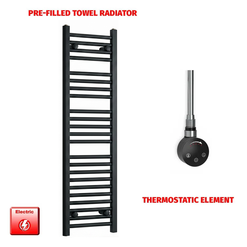 1200x300mm Flat Black Pre Filled Electric Towel Rail