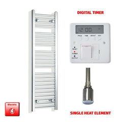 Single Heat / Digital Timer 1200 x  300 Pre-Filled Chrome Electric Heated Towel Rail Straight