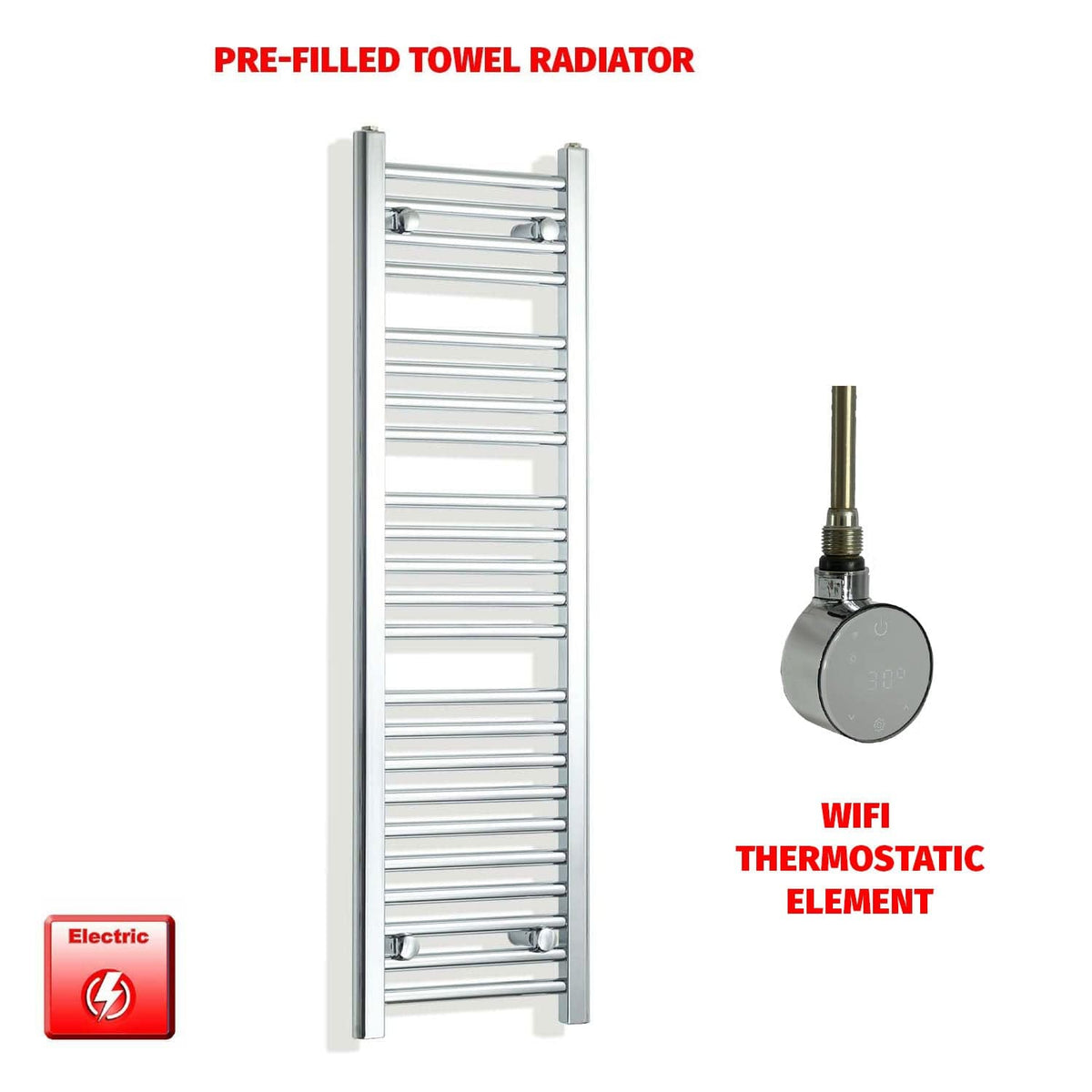 ER-Wifi Thermostatic / No Timer 1200 x  300 Pre-Filled Chrome Electric Heated Towel Rail Straight