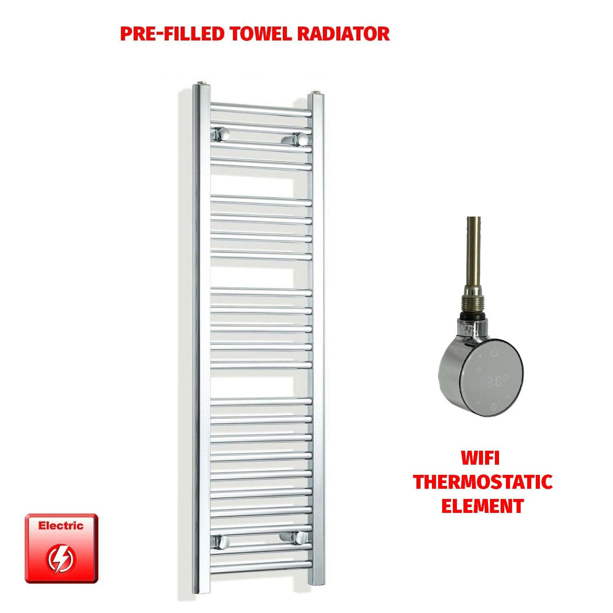 ER-Wifi Thermostatic / No Timer 1200 x 350 Pre-Filled Electric Heated Towel Radiator Straight Chrome