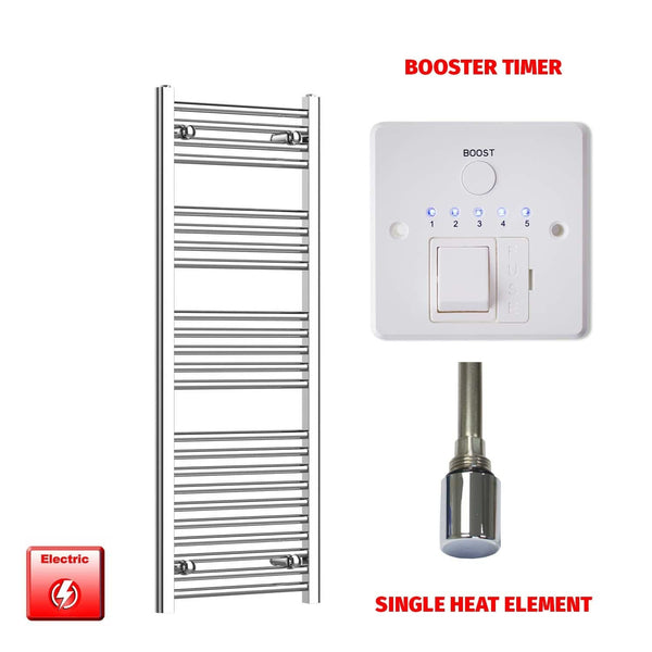 Flat / Single Heat / Booster Timer 1200 x 400 Chrome Electric Heated Towel Radiator Pre-Filled Straight