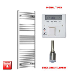 Flat / Single Heat / Digital Timer 1200 x 400 Chrome Electric Heated Towel Radiator Pre-Filled Straight