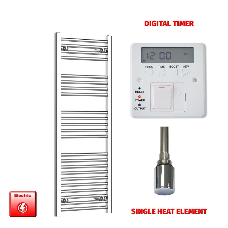 Flat / Single Heat / Digital Timer 1200 x 400 Chrome Electric Heated Towel Radiator Pre-Filled Straight