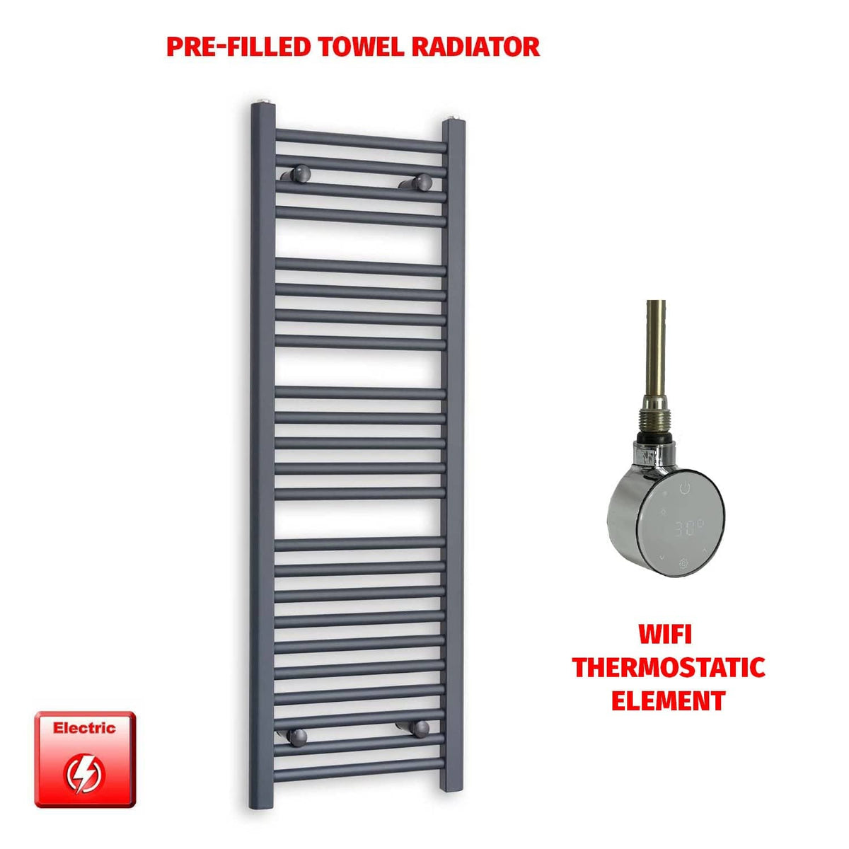 ER-Wifi Thermostatic / No Timer 1200 x 400 Flat Anthracite Pre-Filled Electric Heated Towel Rail HTR