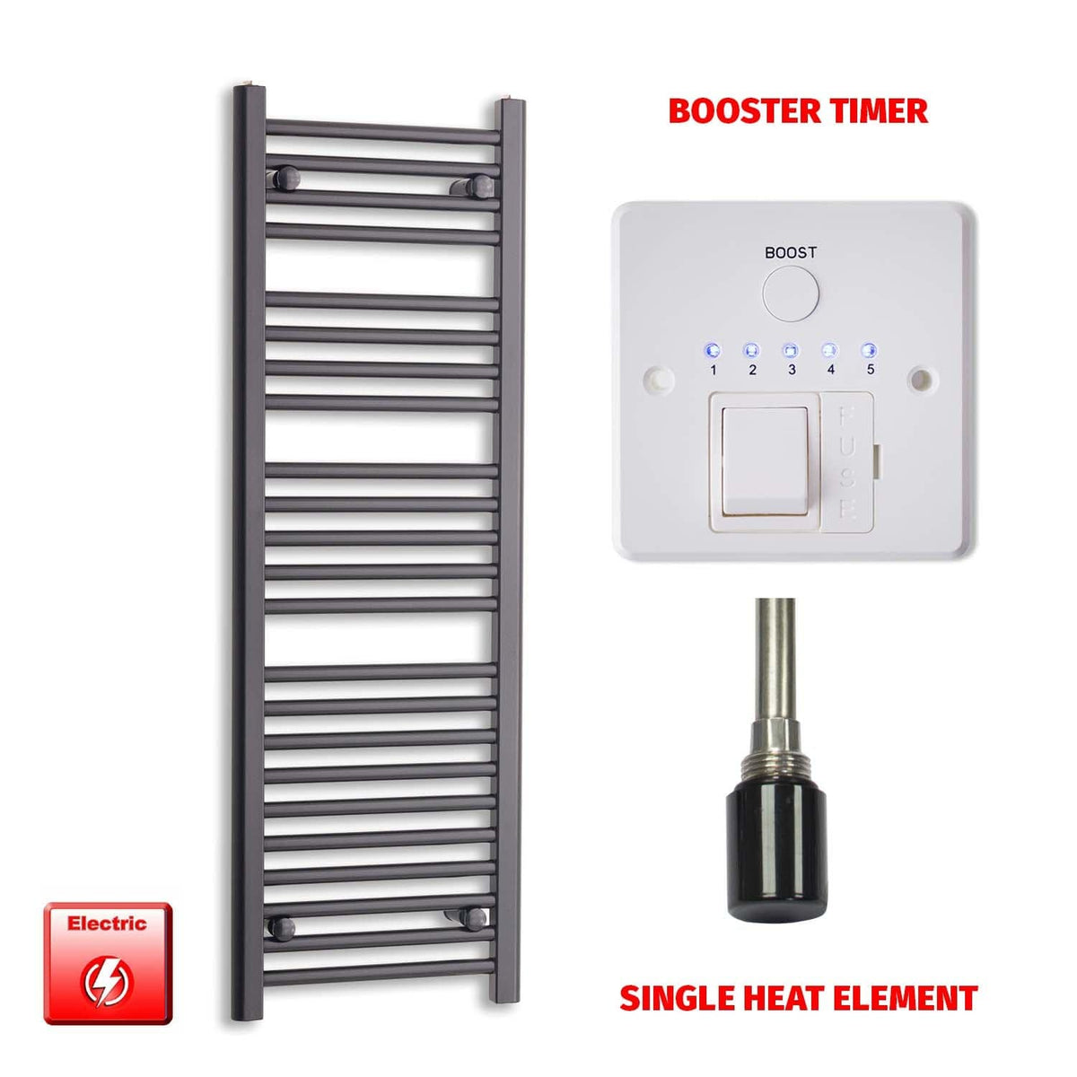 Single Heat / Booster Timer 1200 x 400 Flat Black Pre-Filled Electric Heated Towel Rail HTR