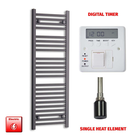 Single Heat / Digital Timer 1200 x 450 Flat Black Pre-Filled Electric Heated Towel Rail HTR