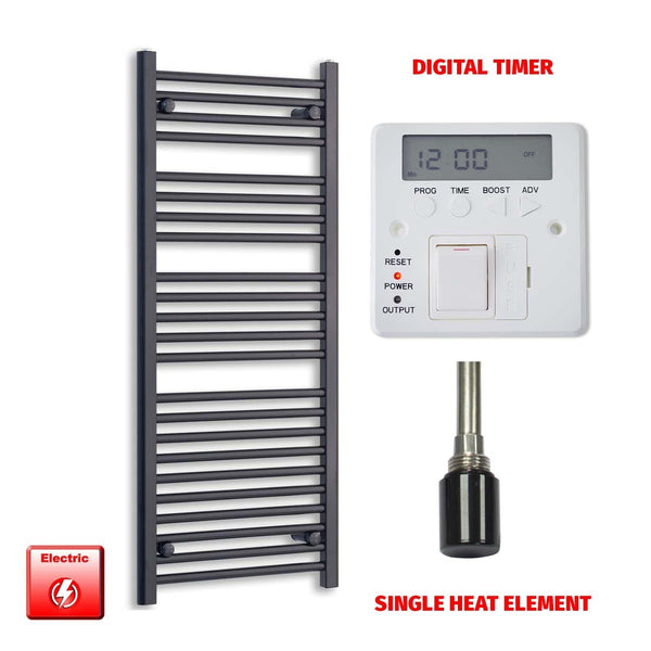 Single Heat / Digital Timer 1200 x 500 Flat Black Pre-Filled Electric Heated Towel Radiator HTR