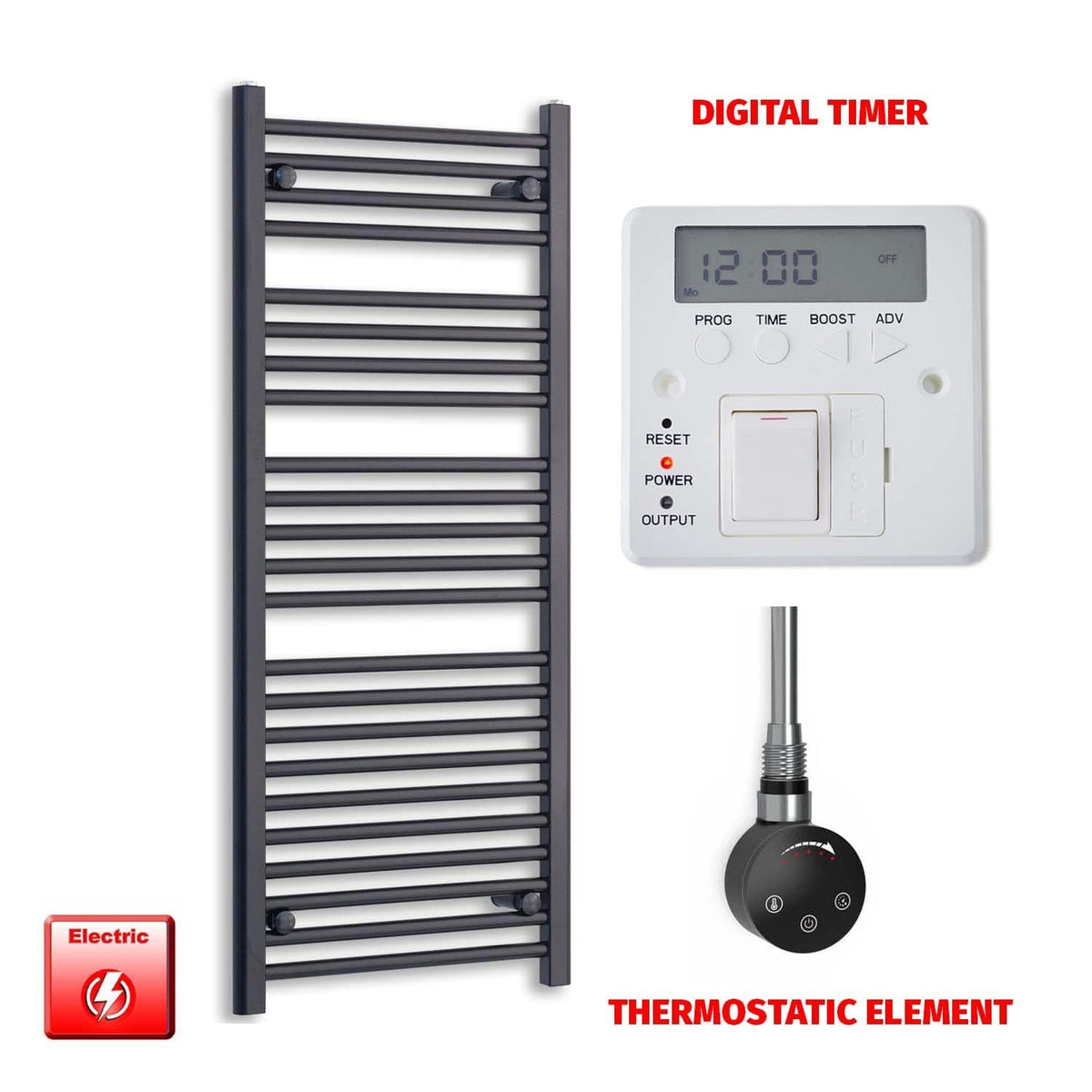 ER-Touch Thermostatic / Digital Timer 1200 x 500 Flat Black Pre-Filled Electric Heated Towel Radiator HTR