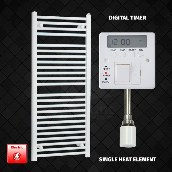 Single Heat / Digital Timer 1200 x 500mm White Pre-Filled Electric Heated Towel Rail Radiator