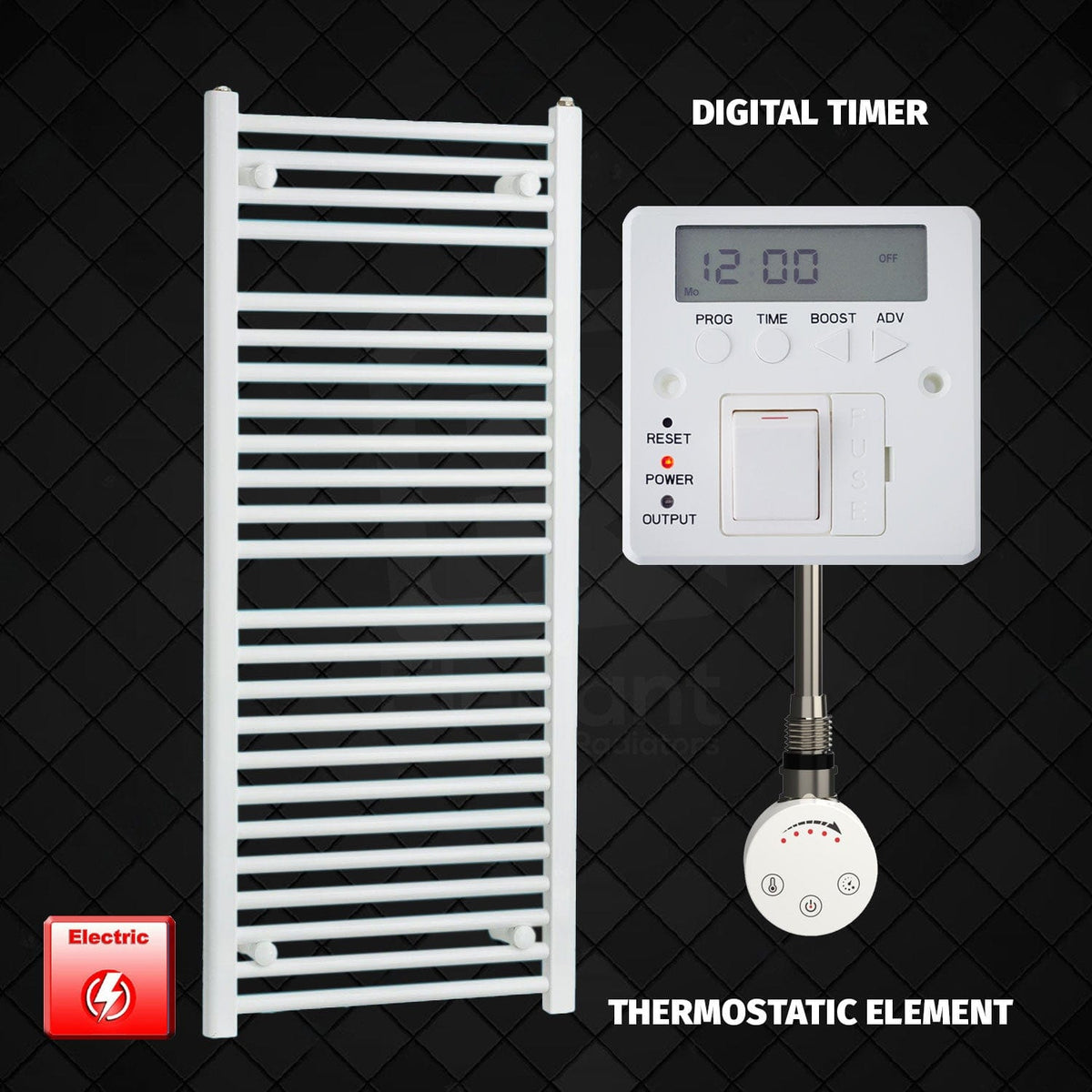 ER-Touch Thermostatic / Digital Timer 1200 x 500mm White Pre-Filled Electric Heated Towel Rail Radiator