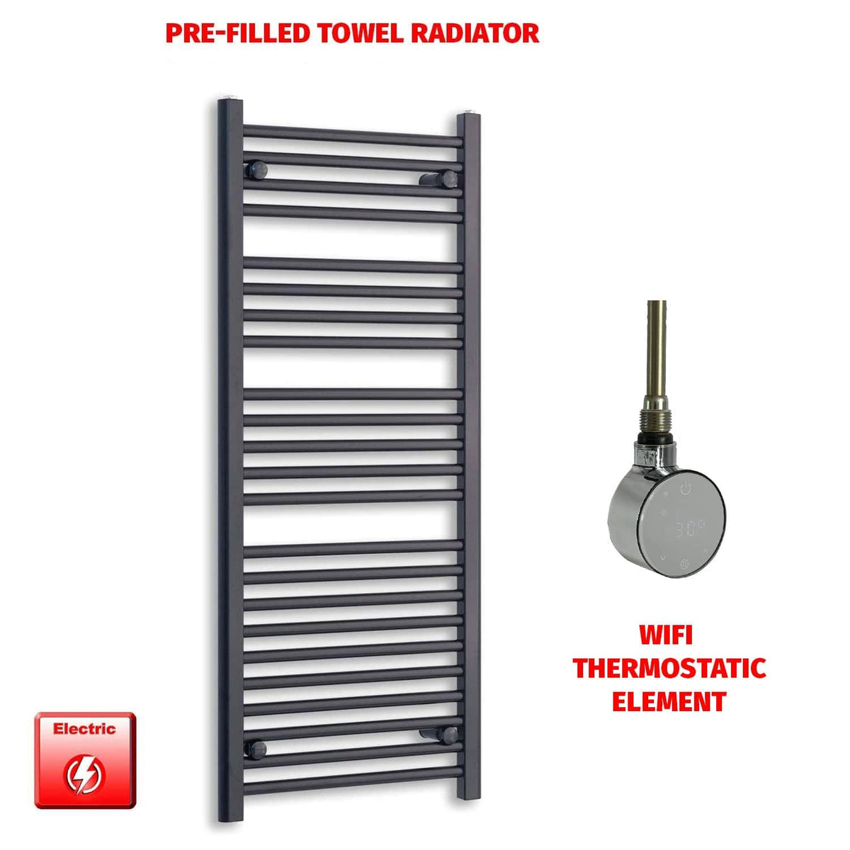 ER-Wifi Thermostatic / No Timer 1200 x 550 Flat Black Pre-Filled Electric Heated Towel Radiator HTR