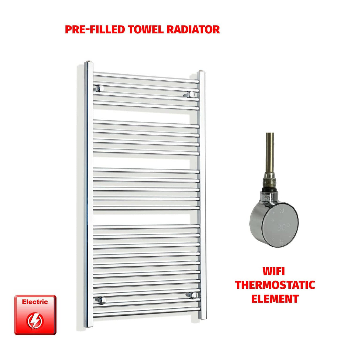 Flat / ER-Wifi Thermostatic / No Timer 1200 x 600 Chrome Pre-Filled Electric Towel Rail Bathroom Warmer