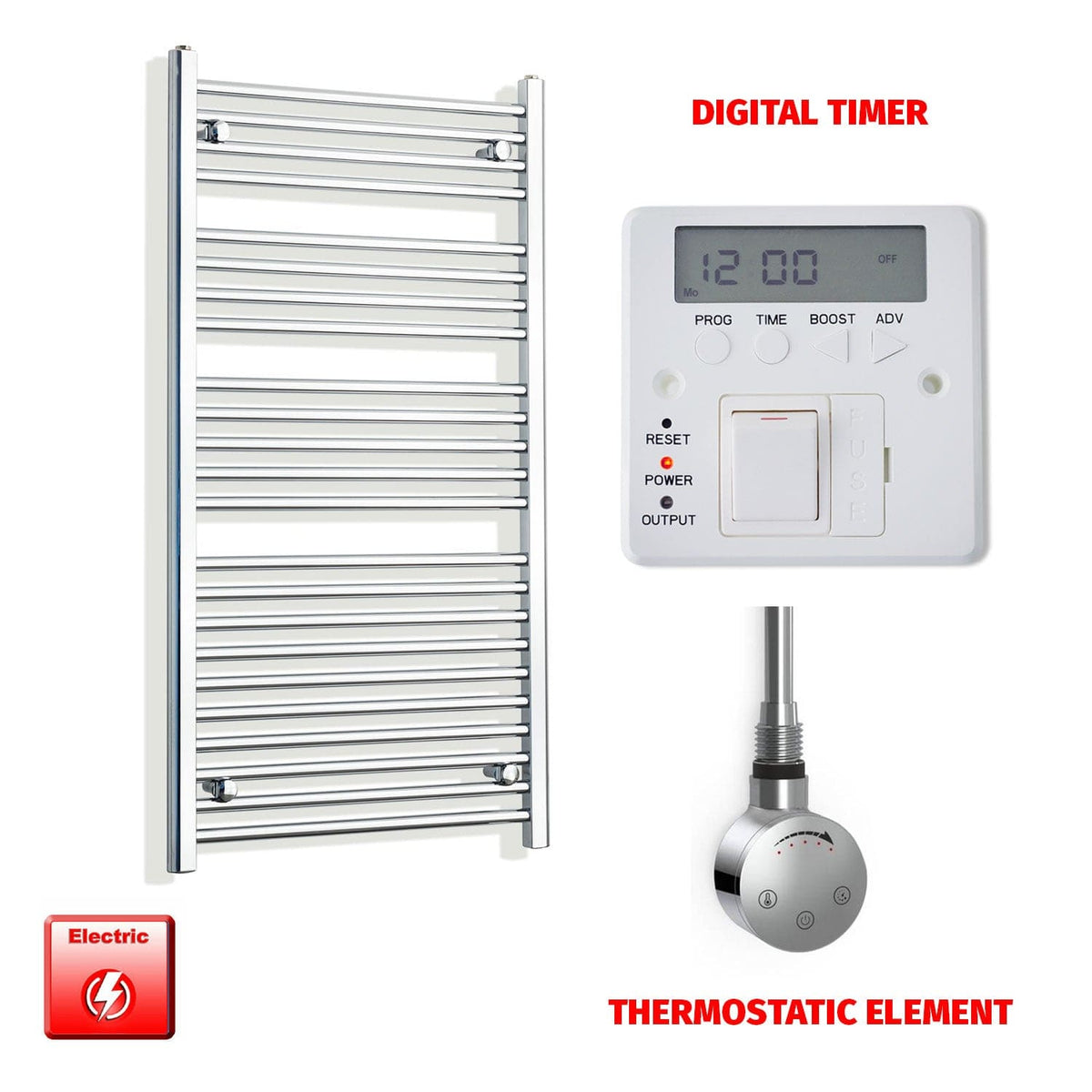 Flat / ER-Touch Thermostatic / Digital Timer 1200 x 600 Chrome Pre-Filled Electric Towel Rail Bathroom Warmer