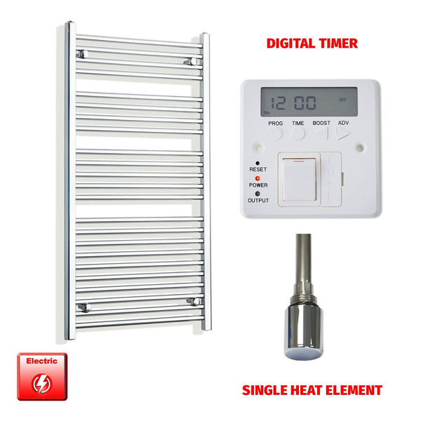 Flat / Single Heat / Digital Timer 1200 x 600 Chrome Pre-Filled Electric Towel Rail Bathroom Warmer