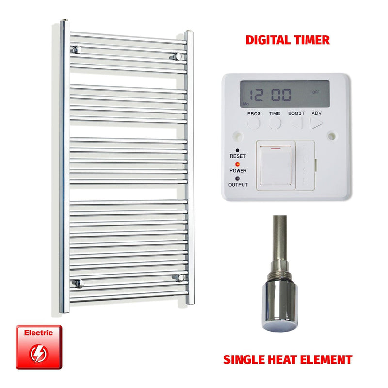 Flat / Single Heat / Digital Timer 1200 x 600 Chrome Pre-Filled Electric Towel Rail Bathroom Warmer