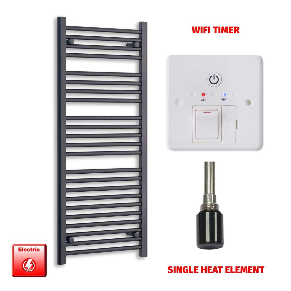 Single Heat / Wifi Timer 1200 x 600 Flat Black Pre-Filled Electric Heated Towel Radiator HTR