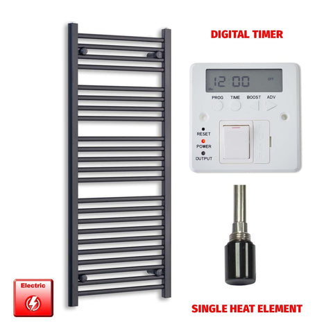 Single Heat / Digital Timer 1200 x 600 Flat Black Pre-Filled Electric Heated Towel Radiator HTR