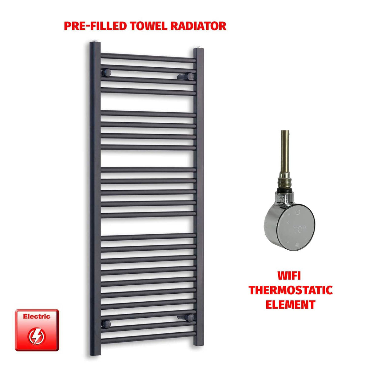 ER-Wifi Thermostatic / No Timer 1200 x 600 Flat Black Pre-Filled Electric Heated Towel Radiator HTR