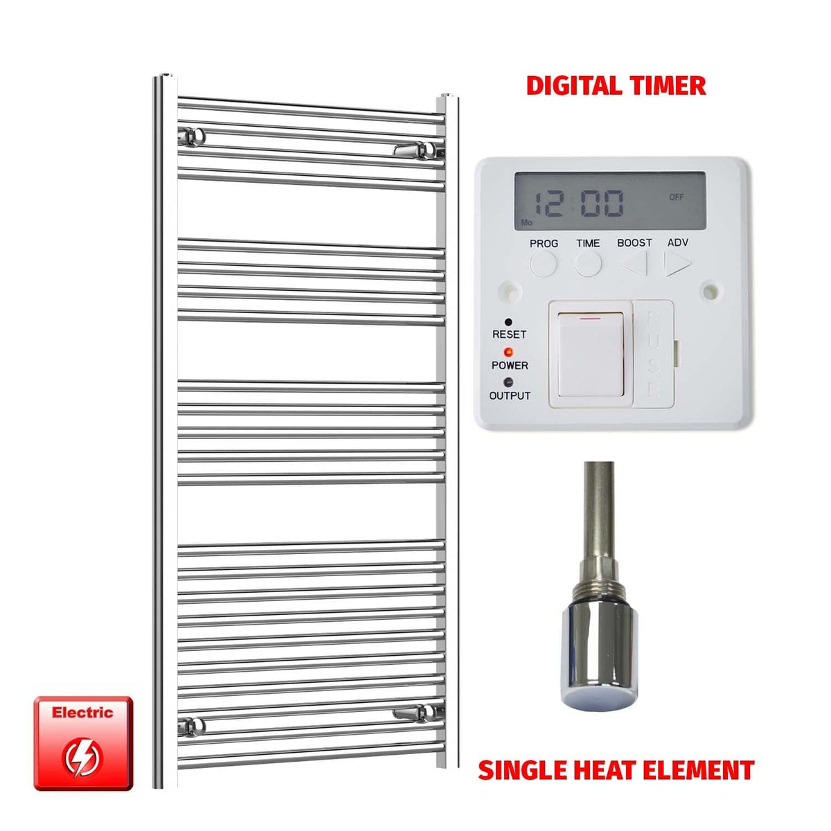 Single Heat / Digital Timer 1200 x 650 Pre-Filled Electric Heated Towel Radiator Chrome HTR