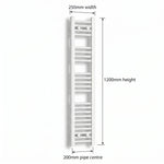 1200mm High x 250 mm Wide Heated Towel Radiator Flat White - Elegant Radiators