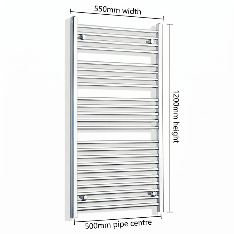 1200x550mm Heated Straight Towel Radiator Chrome - Elegant Radiators