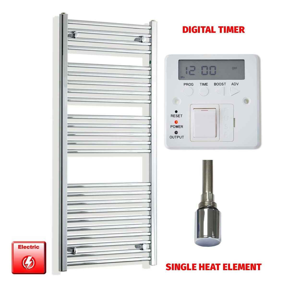 Single Heat / Digital Timer 1300 x 550 Pre-Filled Electric Heated Towel Radiator Chrome HTR