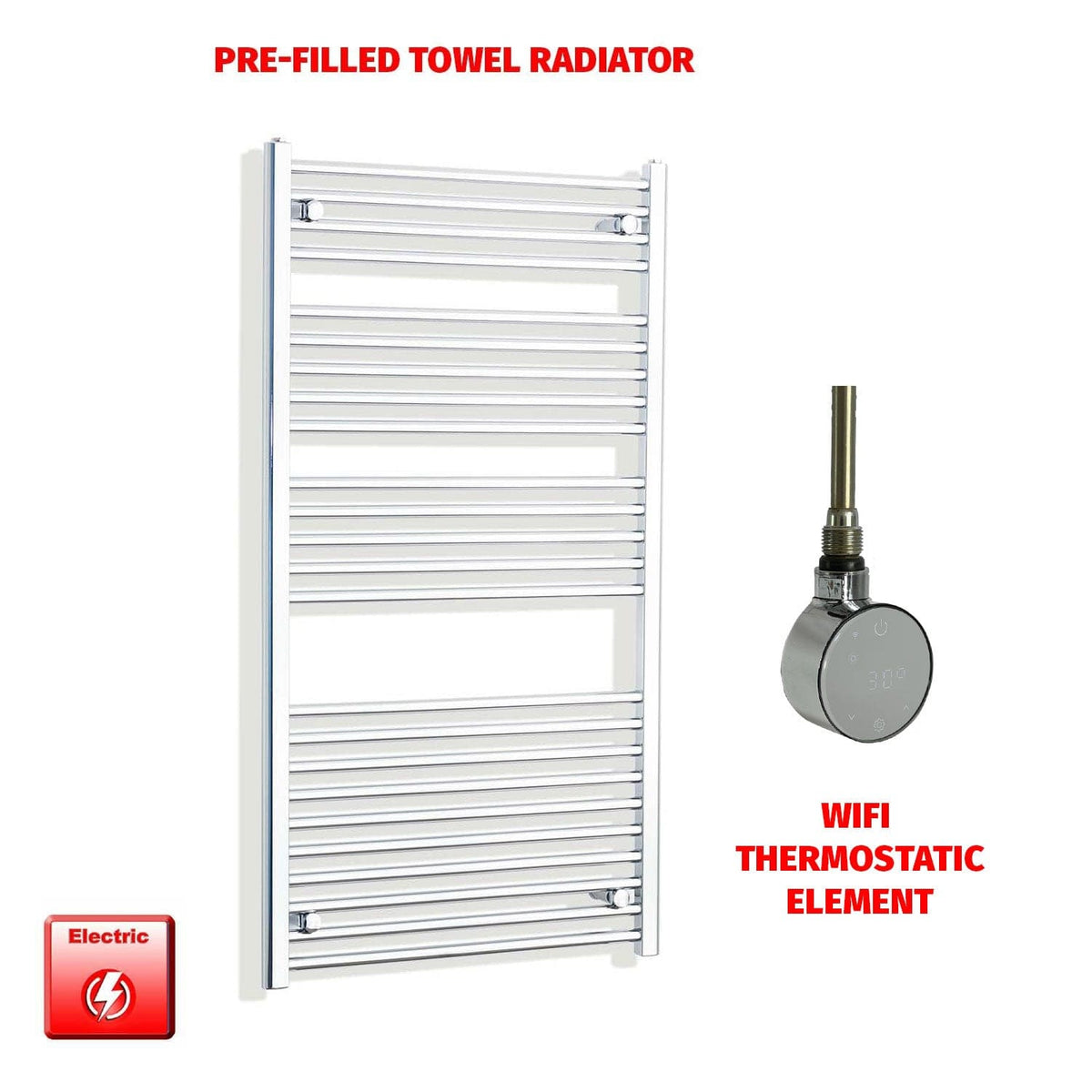 Flat / ER-Wifi Thermostatic / No Timer 1300 x 700 Pre-Filled Electric Heated Chrome Towel Radiator Flat/Curved