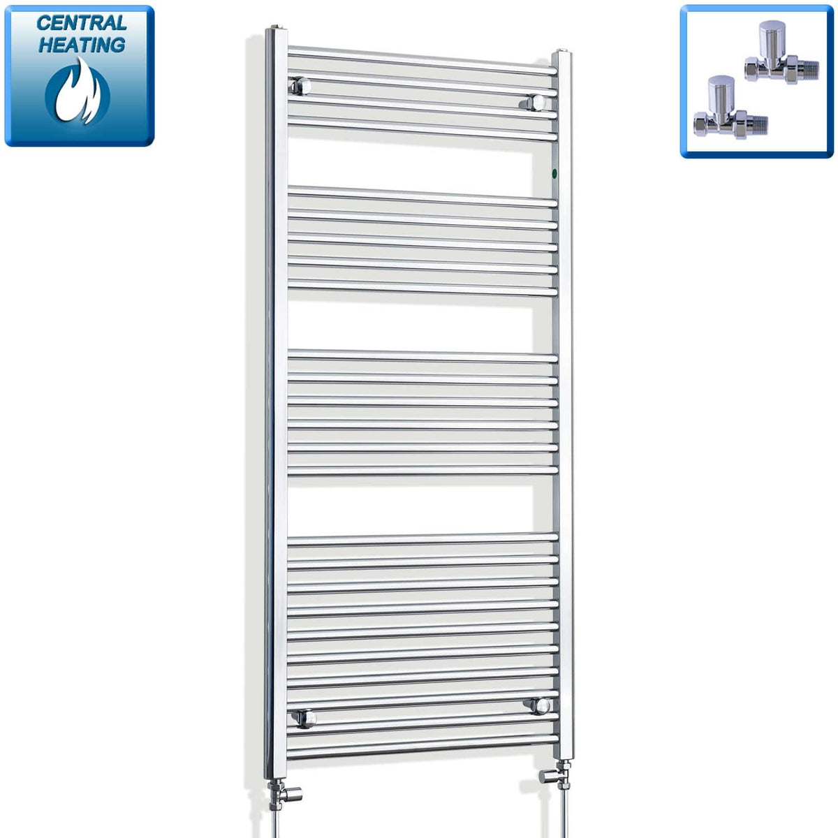 With Straight Inline Valves 1400 mm High x 600 mm Wide Flat Chrome Towel Radiator