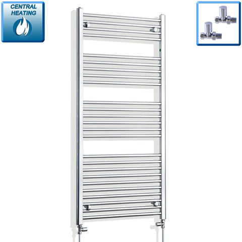 With Straight Inline Valves 1400 mm High x 600 mm Wide Flat Chrome Towel Radiator